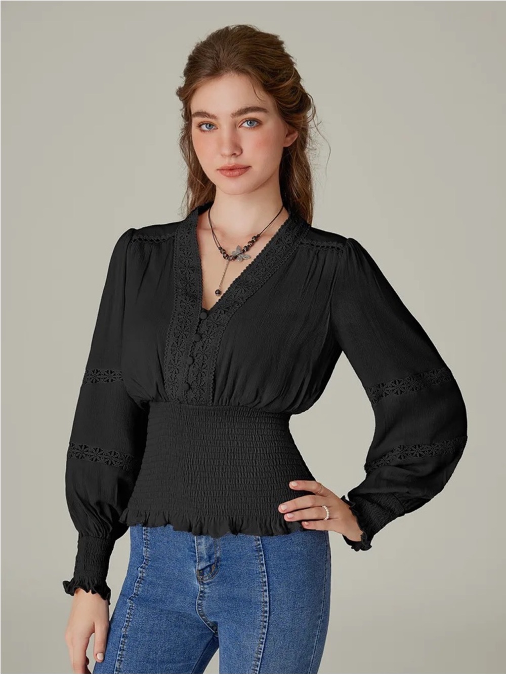 Scarlett Darkness Smocked Waist Renaissance
Cotton Peasant Top, Black,